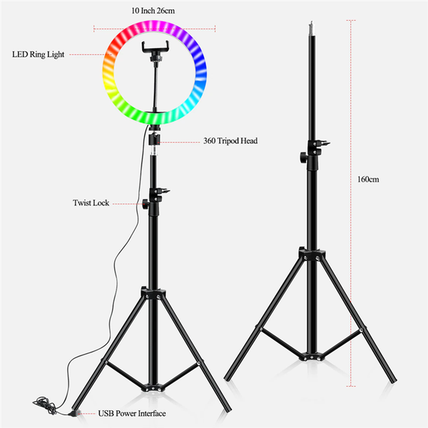 10" RGB Ring Light Ttripod 26 Colors Selfie Ring Light with Stand