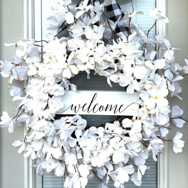 White Dogwood Buffalo Check Ribbon Wreath Spring Summer