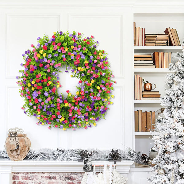 Colorful Flower Green Leaves Spring Summer Wreath