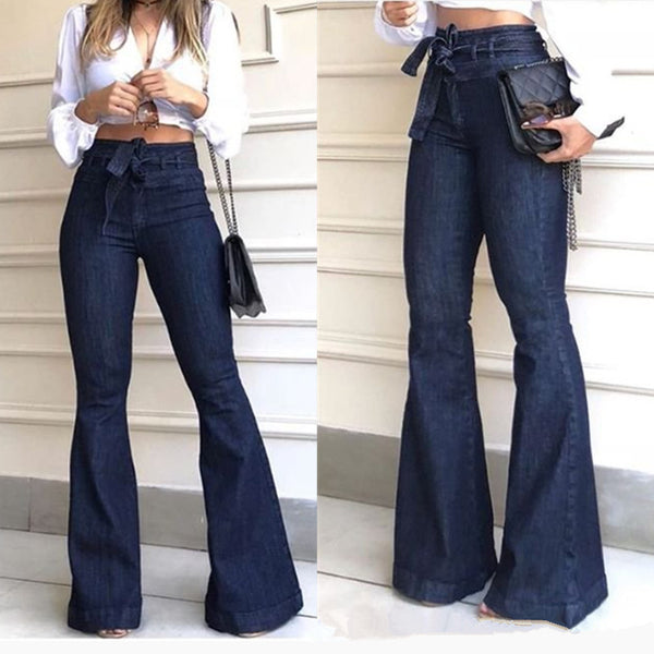 Womens High-Waist Belted Bell Jeans