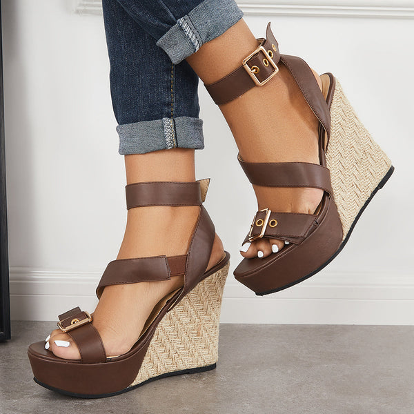 Open Toe Cross Straps Espadrille Platform Wedge Heel Sandals
