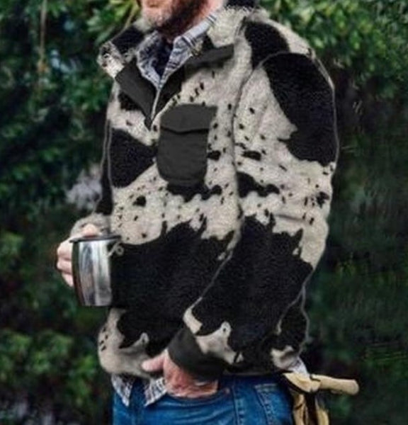Romanado Fleece Jacket Cow Print Button Jacket Houndstooth Jacket Funny Gifts