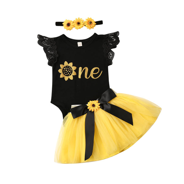 Baby Girl 1st Birthday Outfit Party Dresses Sunflower Romper Tutu Skirt Headwear Full Set