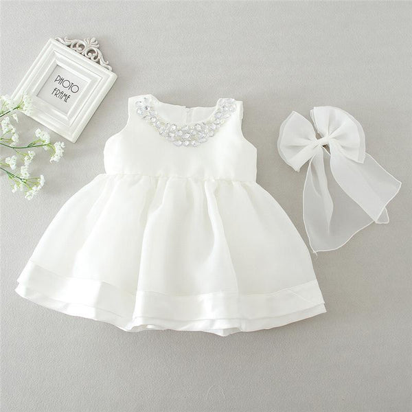 Cute Baby Girl Party Dress Stylish White Flower Dress 1st Birthday Lace Tulle Dress