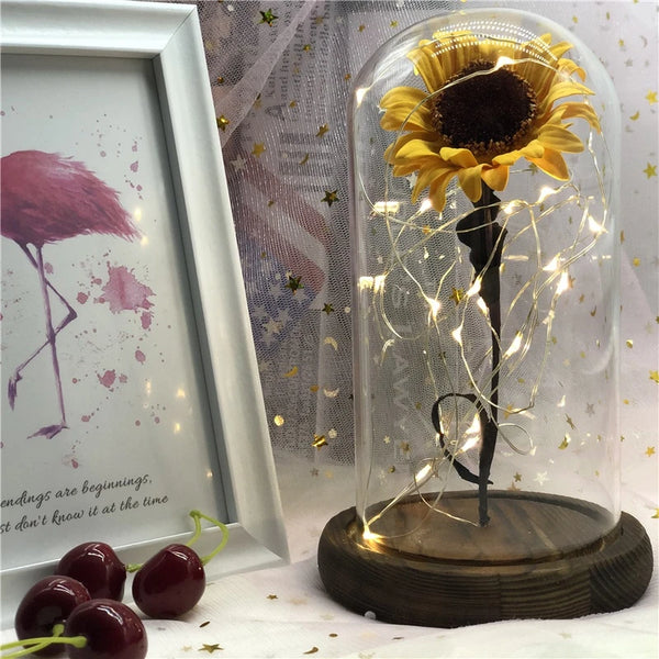 Sunflower Eternal Flower Lamp with Glass Cover Girls Birthday Valentine's Day Mother's Day Gifts Home Decor