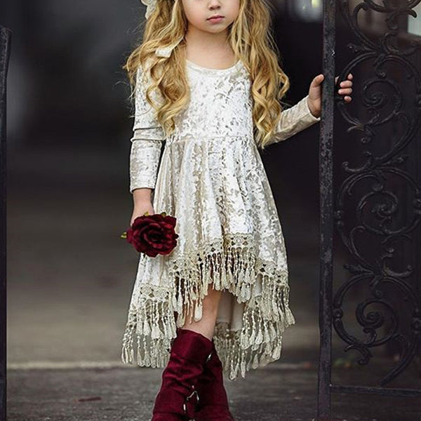 Girls High-low Velvt Tassel Dress Solid Color Party Pageant Dress
