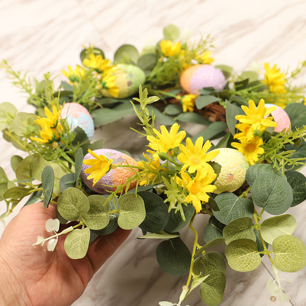 Spring Easter Wreath Artificial Eggs Daisy Eucalyptus Wreath for Indoor and Outdoor Decoration
