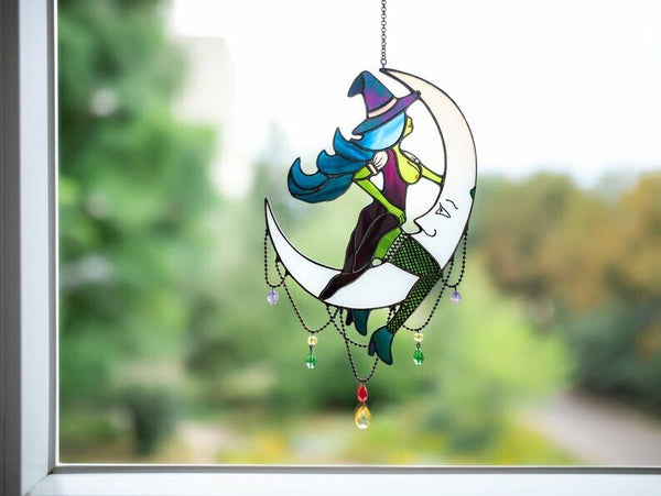 Halloween Witch On Moon Decor Suncatcher Window Hangings