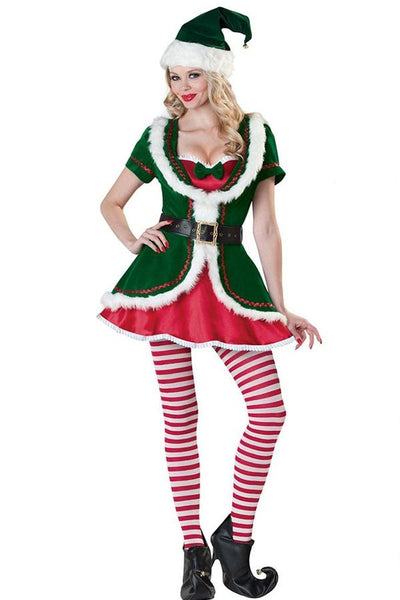 Green Womens Christmas Santa Helper Elf Costume