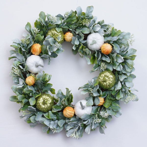 Golden Green Pumpkins Lamb's Ear Fall Eucalyptus Wreath