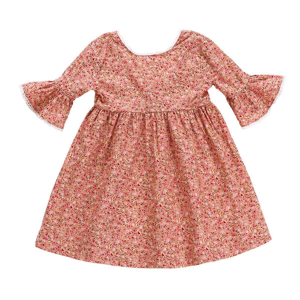 Little Girls Floral Midi Dress Short Sleeve High Waist Flared A-Lined Dress