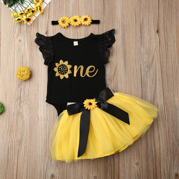 Baby Girl 1st Birthday Outfit Party Dresses Sunflower Romper Tutu Skirt Headwear Full Set