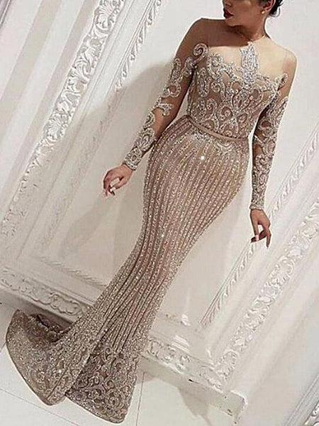 Silver Rhinestone Sheer Bodycon Long Sleeve Elegant Maxi Dress