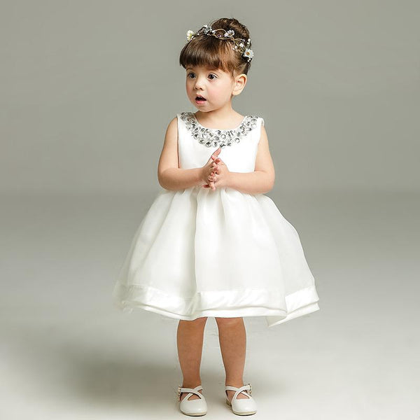 Cute Baby Girl Party Dress Stylish White Flower Dress 1st Birthday Lace Tulle Dress