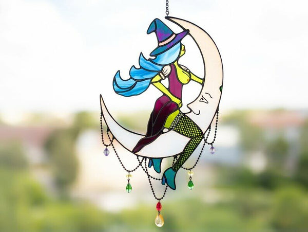 Halloween Witch On Moon Decor Suncatcher Window Hangings