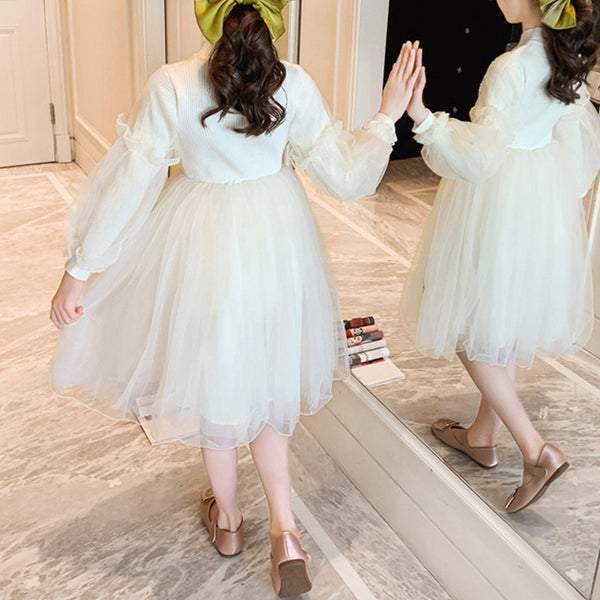 Girls Party Dress Butterfly Embroidery Lace Patchwork Knitted Dress