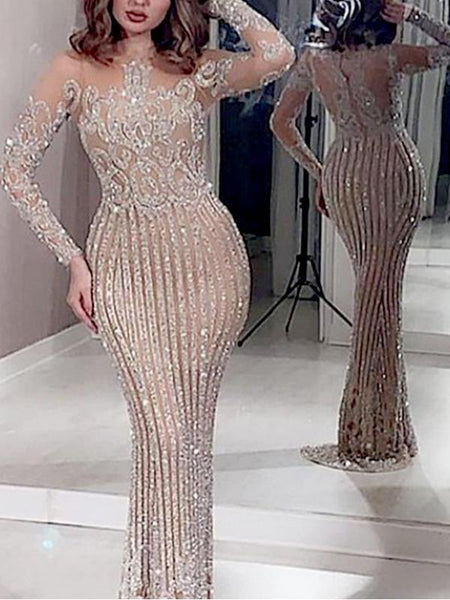 Silver Rhinestone Sheer Bodycon Long Sleeve Elegant Maxi Dress