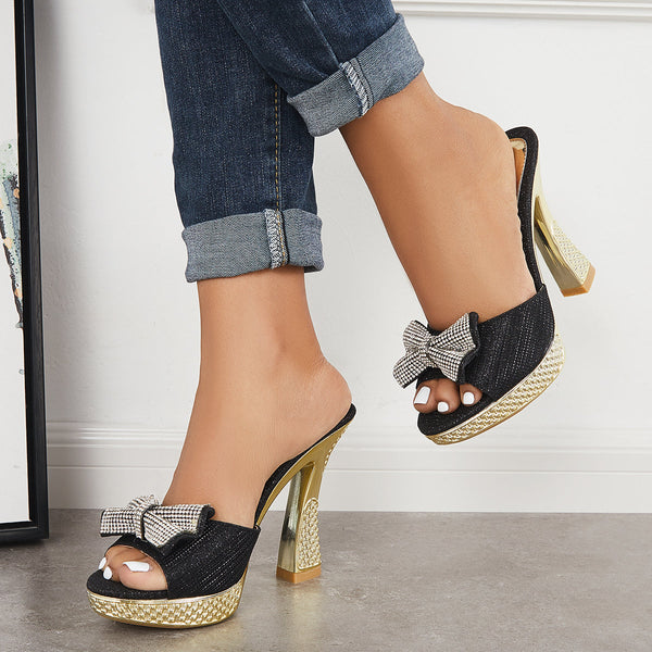 Rhinestone Bowknot Platform Chunky High Heel Mule Sandals
