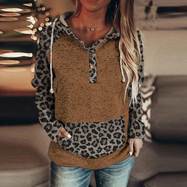 Women's Mama Bear Button Drawstring Hoodies Leopard Pocketed Long Sleeve Pockets Hoodies