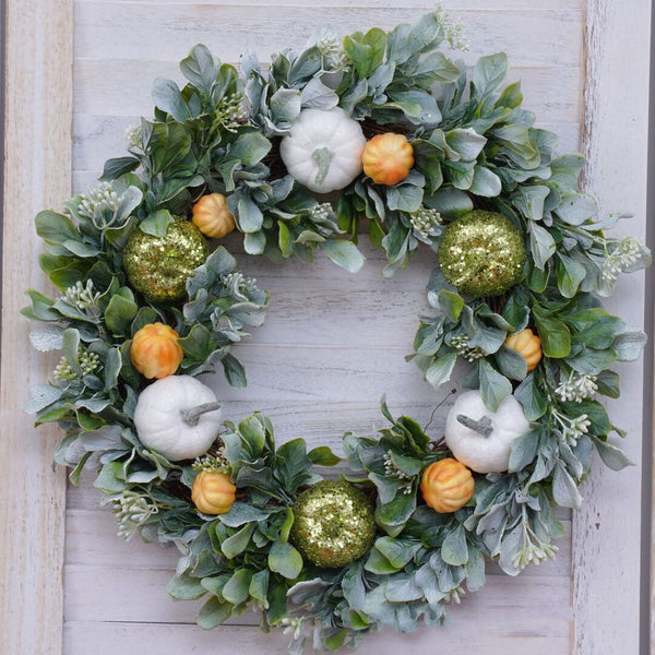 Golden Green Pumpkins Lamb's Ear Fall Eucalyptus Wreath