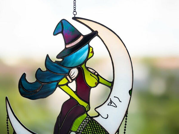 Halloween Witch On Moon Decor Suncatcher Window Hangings