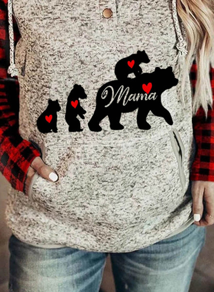 Mama Bear Plaid Hoodies Long SLeeve Button Pocketed Women's Drawstring Hoodies