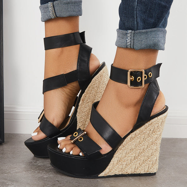 Open Toe Cross Straps Espadrille Platform Wedge Heel Sandals