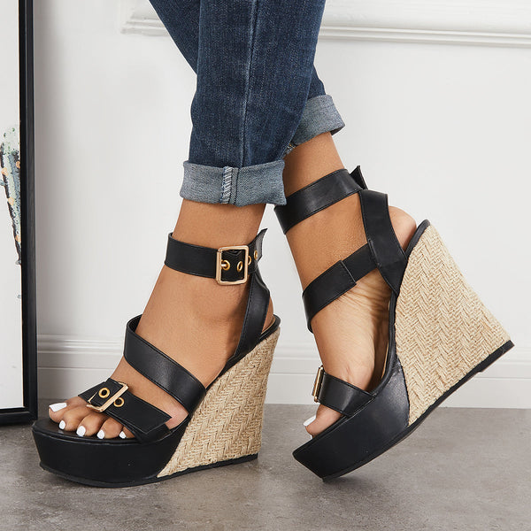 Open Toe Cross Straps Espadrille Platform Wedge Heel Sandals