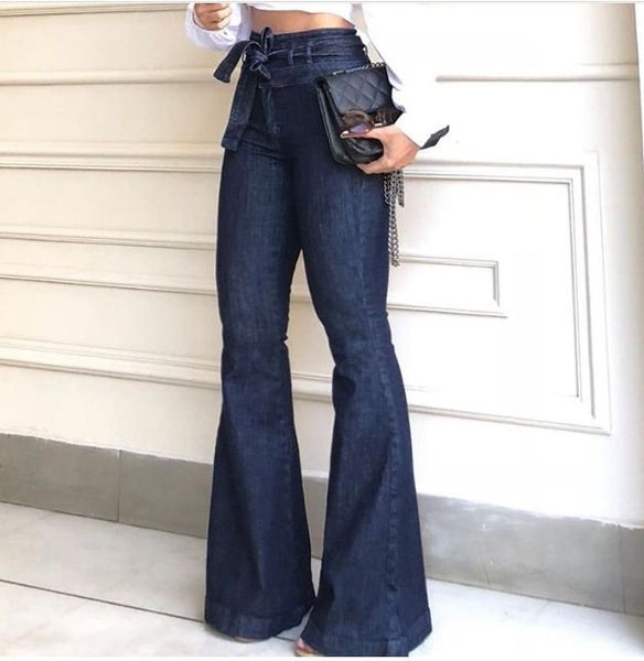Womens High-Waist Belted Bell Jeans
