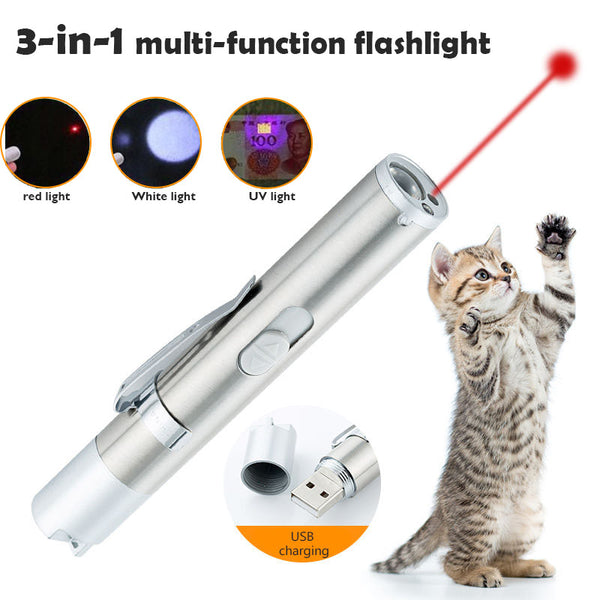 Mini 3in1 Laser Cat Toy  USB Rechargeable Powerful LED Torch Waterproof Design Penlight uv light banknote