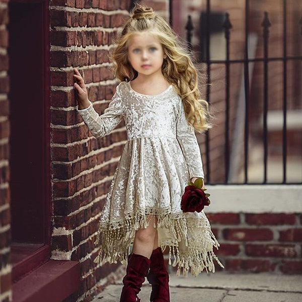 Girls High-low Velvt Tassel Dress Solid Color Party Pageant Dress