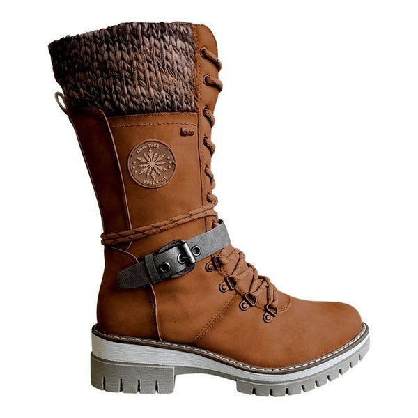 Avery - Women Buckle Lace Knitted Mid-calf Boots