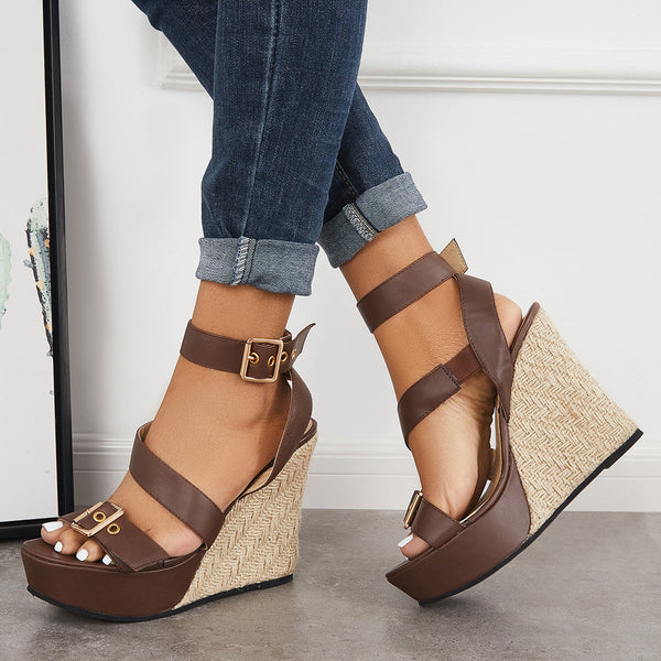 Open Toe Cross Straps Espadrille Platform Wedge Heel Sandals