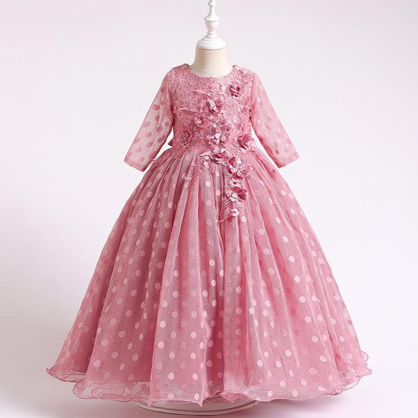 Girls Long Sleeve Swiss Dot Party Dress Elegant Kids Polka Dot Dresses