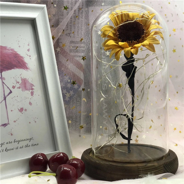 Sunflower Eternal Flower Lamp with Glass Cover Girls Birthday Valentine's Day Mother's Day Gifts Home Decor