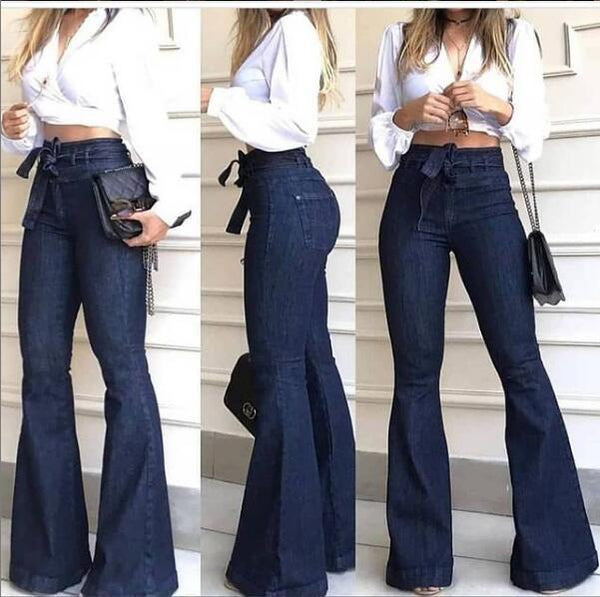 Womens High-Waist Belted Bell Jeans