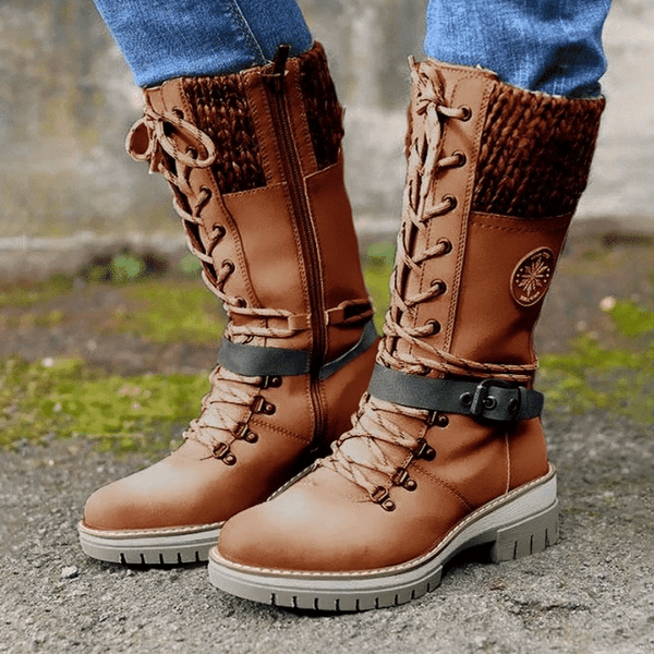 Avery - Women Buckle Lace Knitted Mid-calf Boots