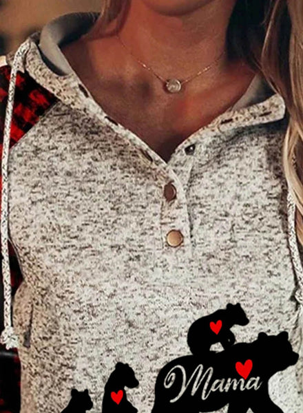 Mama Bear Plaid Hoodies Long SLeeve Button Pocketed Women's Drawstring Hoodies