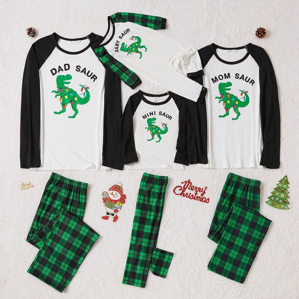Plus Size Christmas Green Dinosaur and Letter Print Family Matching Long-sleeve Pajamas Sets