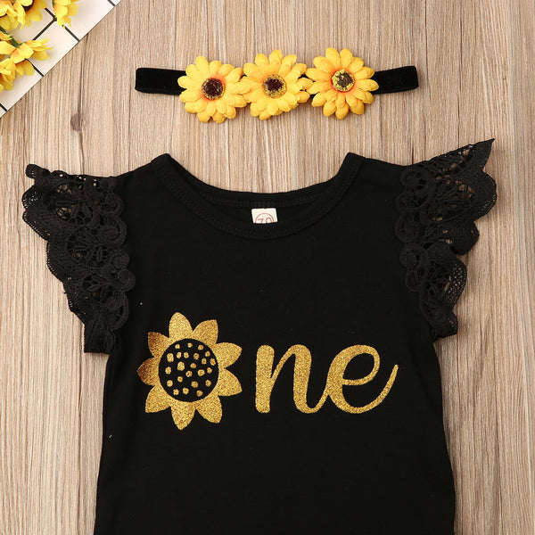 Baby Girl 1st Birthday Outfit Party Dresses Sunflower Romper Tutu Skirt Headwear Full Set