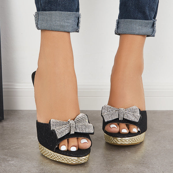 Rhinestone Bowknot Platform Chunky High Heel Mule Sandals