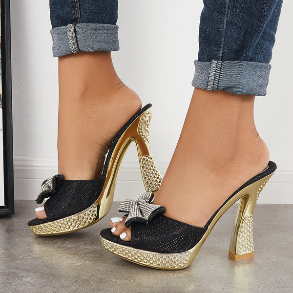 Rhinestone Bowknot Platform Chunky High Heel Mule Sandals