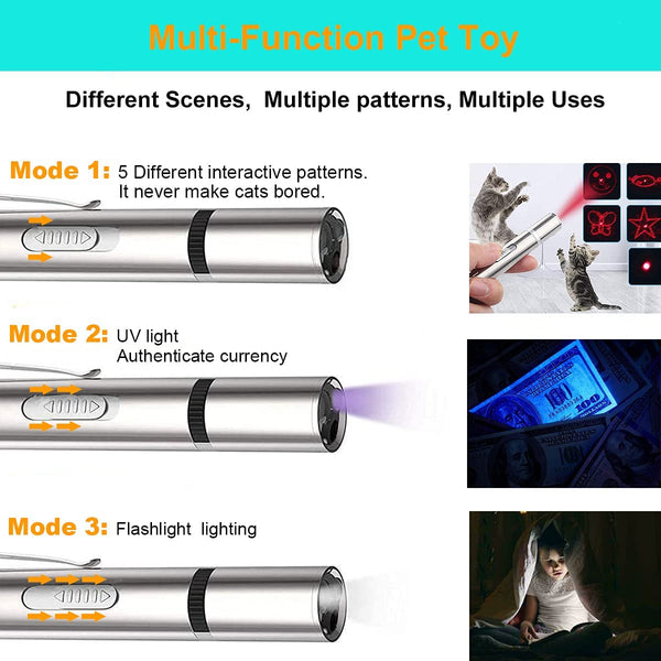Mini 3in1 Laser Cat Toy  USB Rechargeable Powerful LED Torch Waterproof Design Penlight uv light banknote