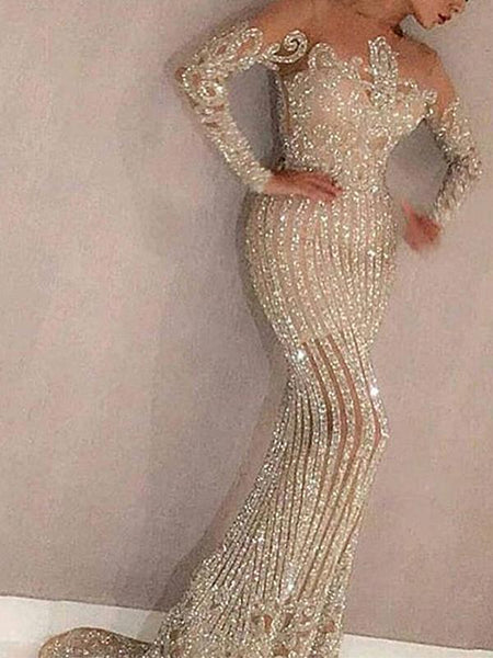 Silver Rhinestone Sheer Bodycon Long Sleeve Elegant Maxi Dress