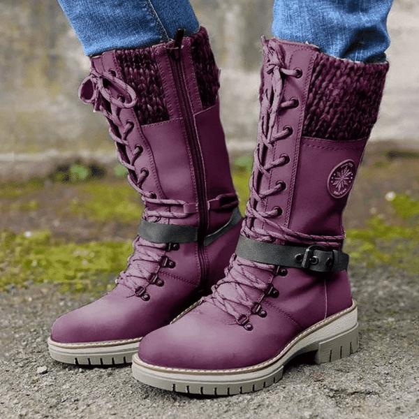 Avery - Women Buckle Lace Knitted Mid-calf Boots