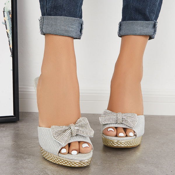 Rhinestone Bowknot Platform Chunky High Heel Mule Sandals