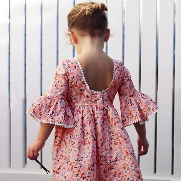 Little Girls Floral Midi Dress Short Sleeve High Waist Flared A-Lined Dress