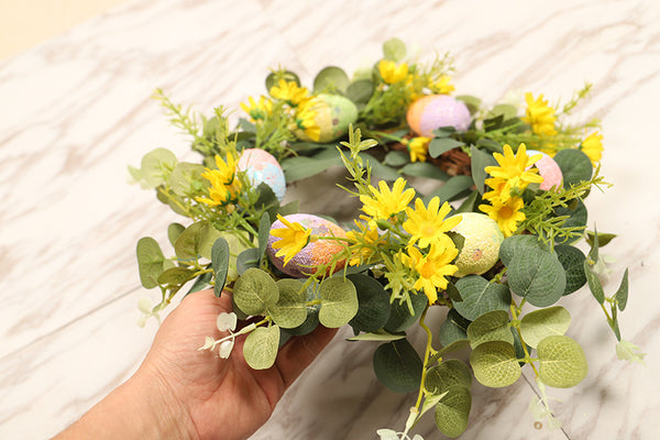 Spring Easter Wreath Artificial Eggs Daisy Eucalyptus Wreath for Indoor and Outdoor Decoration