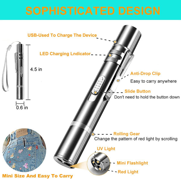 Mini 3in1 Laser Cat Toy  USB Rechargeable Powerful LED Torch Waterproof Design Penlight uv light banknote