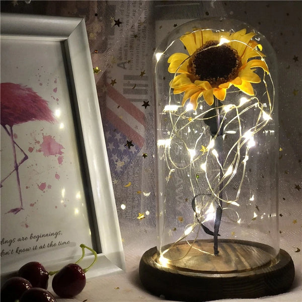 Sunflower Eternal Flower Lamp with Glass Cover Girls Birthday Valentine's Day Mother's Day Gifts Home Decor